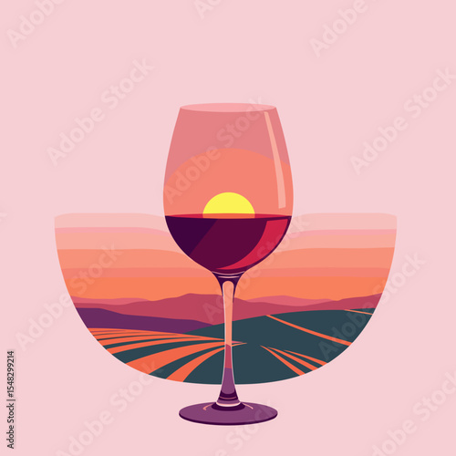 Stylized wine glass with sunset view over vineyard landscape in vibrant colors