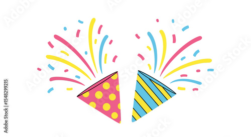 Colorful Party Poppers Exploding with Confetti on White Background