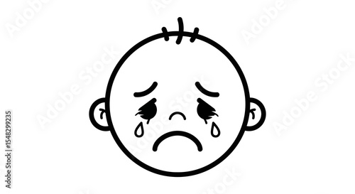 Crying Baby Face Icon with Tears, Sad Expression, Black and White Outline