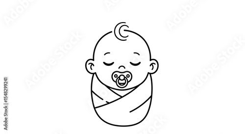 Cute Baby in Swaddling Clothes with Pacifier, Sleeping Pose, Line Art Style