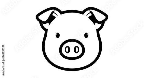 Cute Black Outline Cartoon Pig Face, Front View