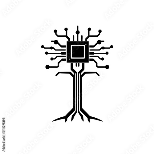 Abstract Digital Tree with Circuit Board Roots and Chip Processor Technology Nature Integration Vector Illustration