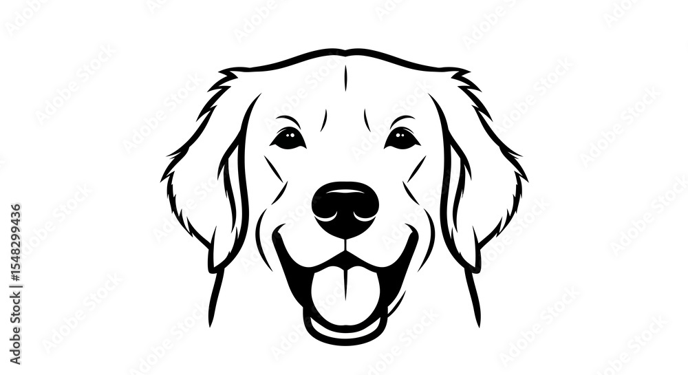 Happy Golden Retriever Head, Black and White Line Art Happy Golden Retriever Head, Black and White Line Art