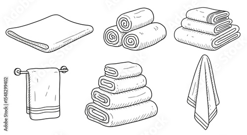 Hand-Drawn Towel Set: Folded, Rolled, and Hanging Towels in Black and White