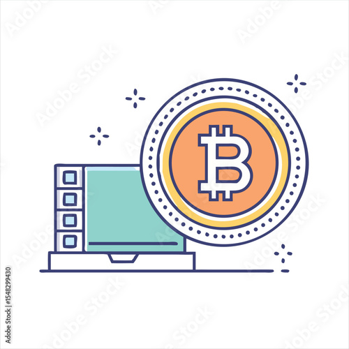 Bitcoin cryptocurrency shown with computer in a conceptual drawing style illustration