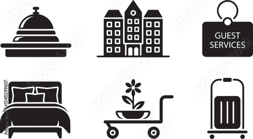 Six Monochromatic Hotel Service Icons Black White Guest Services Bellhop Bed Flower Cart Luggage vector