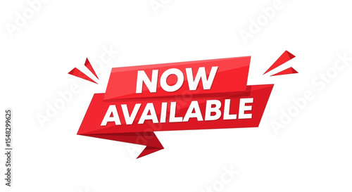Red Ribbon Banner with "Now Available" Text on White Background
