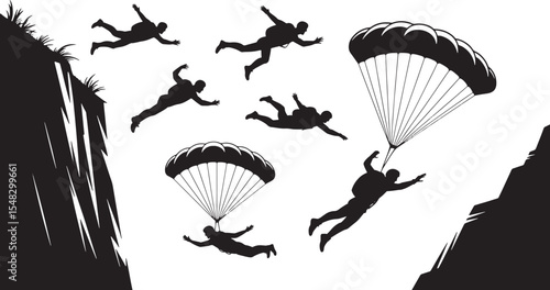 Six Skydivers Silhouette Graphic Black White Cliff Jumping Parachuting Action Sport parachute