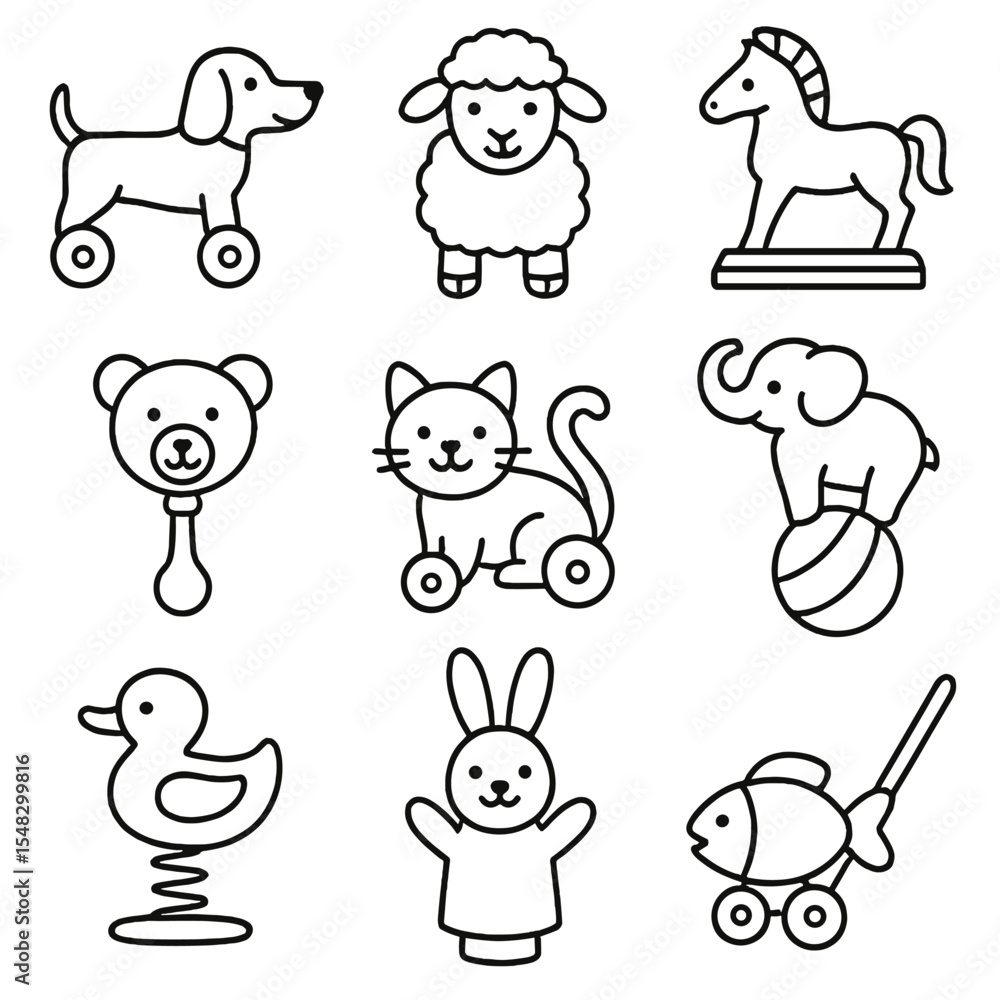 Animal Toy Icons. Line style icons of animal-shaped toys: wooden dog on wheels, plush lamb, metal horse figurine, bear rattle, cat Animal Toy Icons. Line style icons of animal-shaped toys: wooden dog on wheels, plush lamb, metal horse figurine, bear rattle, cat