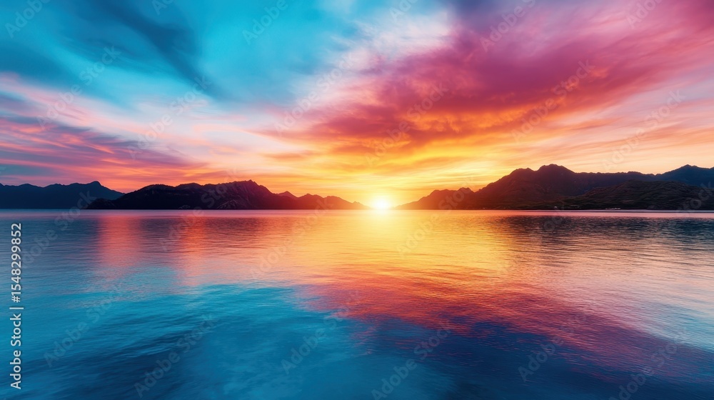 Fototapeta premium A mesmerizing sunset casts vibrant colors over a calm body of water, reflecting hues of orange, purple, and blue that invoke tranquility and inspire moments of peacefulness and reflection.