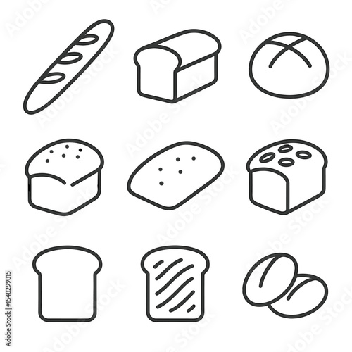 Line Art Bread Icons. Line style icons of bread and loaves: baguette, sandwich loaf, sourdough round, whole wheat bread, ciabatta,