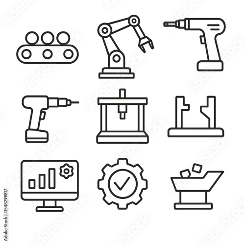 Assembly Line Icons. Line style icons of assembly line tools: conveyor belt, robotic arm, torque tool, auto riveter, fixture