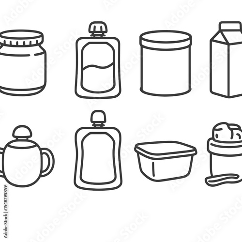 Baby Food Packaging Icons. Line style icons of baby and toddler food packaging: baby food jar, toddler snack pouch, formula tin,