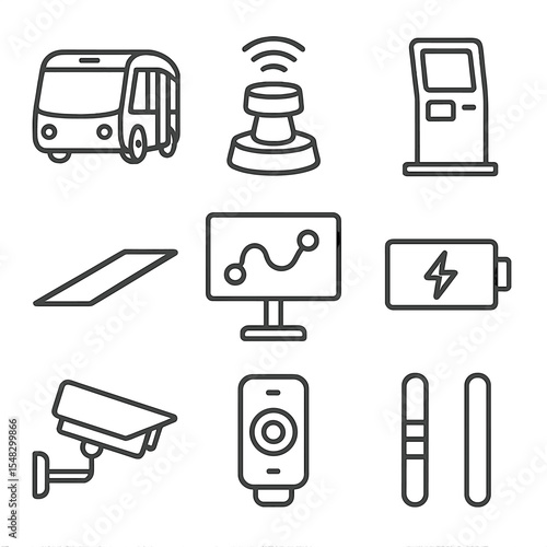 Autonomous Shuttle Icons. Outline style icons of Autonomous Public Shuttle: driverless bus, lidar sensor, passenger kiosk,