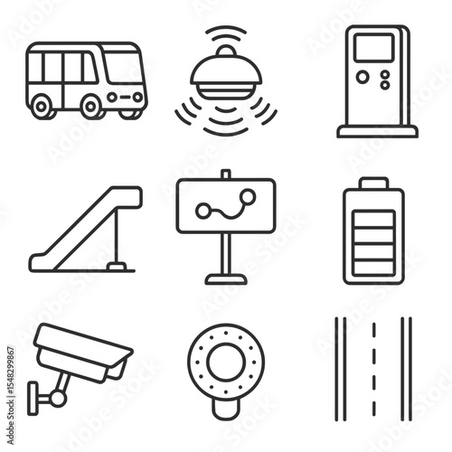 Autonomous Shuttle Icons. Outline style icons of Autonomous Public Shuttle: driverless bus, lidar sensor, passenger kiosk,