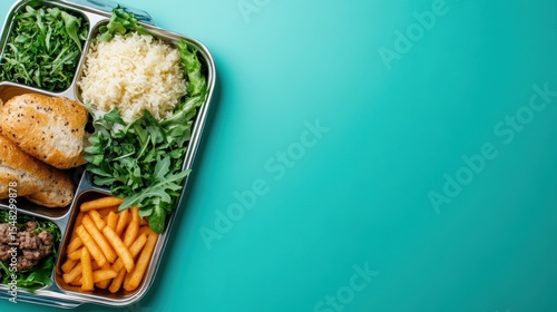 This image showcases a neatly arranged meal prep box filled with rice, greens, and bread, emphasizing healthy eating and balanced nutrition for a wholesome lifestyle.