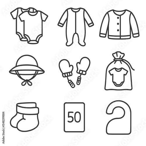 Baby Wardrobe Icons. Outline style icons of Baby Clothing Wardrobe: bodysuit pack, footed pajamas, cardigan sweater, sun hat,