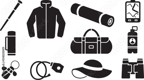 Twelve Black Silhouettes of Hiking and Travel Items on White Background including Jacket Backpack Binoculars