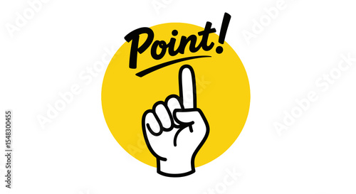 Cartoon Hand Pointing Upward with Yellow Circle Background and Text