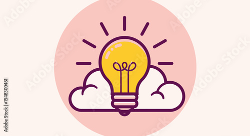 Cartoon Illustration of a Bright Yellow Lightbulb with Clouds and Rays