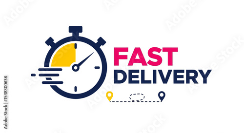 Fast Delivery Concept with Stopwatch Icon and Route, Pink and Blue Text on White Background