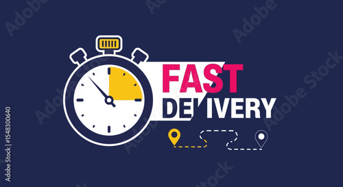 Fast Delivery Concept with Stopwatch, Route, and Text on Navy Blue