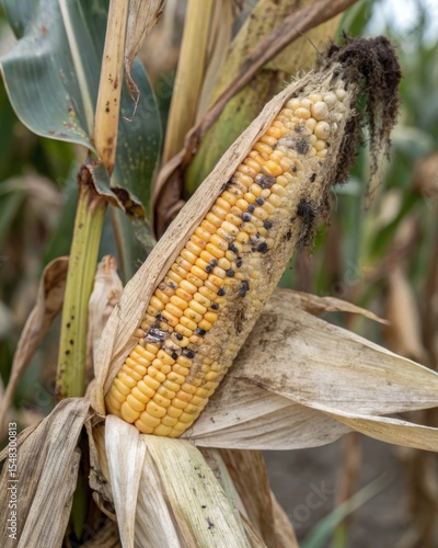 Examining overmature corn on the cob with moldy kernels in an agricultural field a close-up of peeling husk and fungal growth