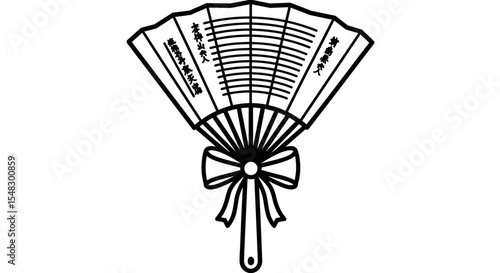 Ornate Japanese Paper Fan with Decorative Bow, in Black and White Line Art Style