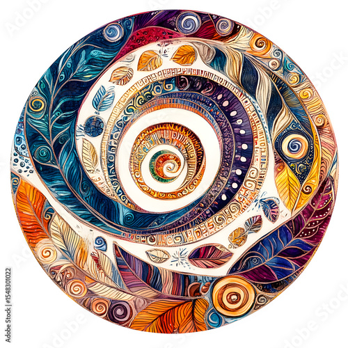 Detailed circular artwork with tribal elements abstract leaf motifs and colored spirals on clean white background