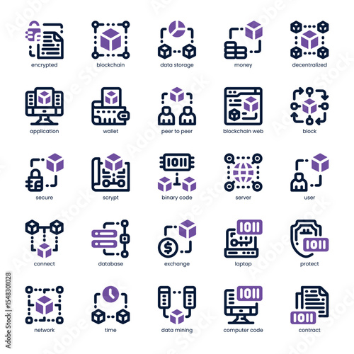 Blockchain Icon pack for your website, mobile, presentation, and logo design. Blockchain Icon dual tone design. Vector graphics illustration and editable stroke.
