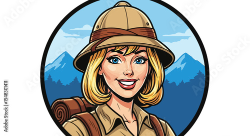 Smiling Blonde Woman Explorer in Khaki Outfit with Hiking Backpack and Safari Hat