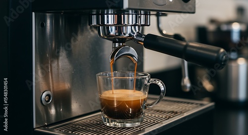Brewing espresso in to glass cups silver coffee espresso machine white and clean interior. Barista working with coffee machine and making espresso coffee, speciality coffee black arabica