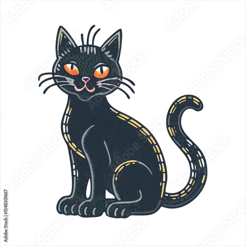 Elegant Black Cat with Amber Eyes and Wavy Tail Illustration