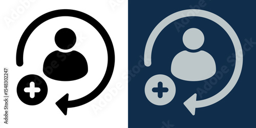 Add New User Icon in Flat Design Style. Circular Arrow with Person Symbol and Plus Sign. Concept of Registration, Membership, Profile Creation. Vector Set in Black and Blue Color Versions.
