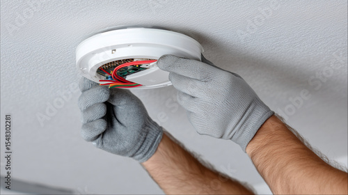 Close-up: smoke detector installation on ceiling, gloved hand, visible circuits and wiring detail