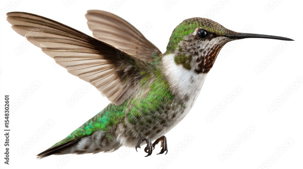 Fototapeta premium A hummingbird in flight against a white background (1)