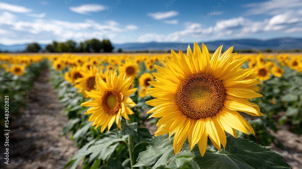 Fototapeta premium A field filled with bright yellow sunflowers stretches toward the horizon, basking in the sunlight. Lush green leaves complement the vibrant flowers under a picturesque sky.
