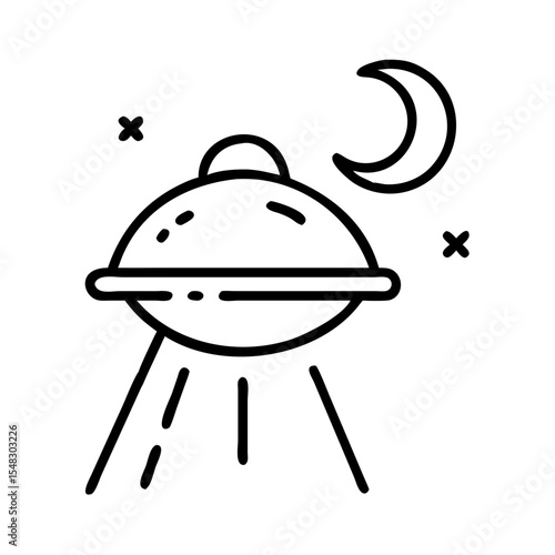 UFO silhouette with moon in night sky, concept of icon, World UFO Day  