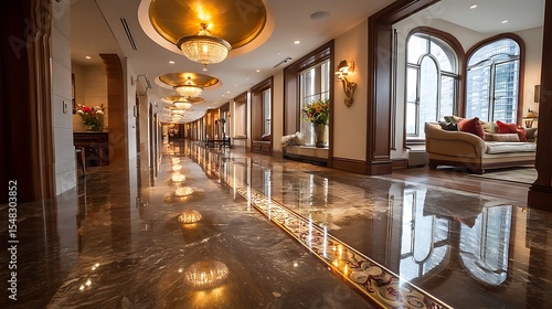 the image showcases a long, luxurious hallway with a reflective stone floor and detailed trim. above, decorative chandeliers are mounted in recessed gold ceilings