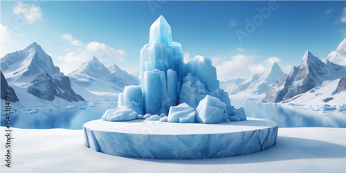 A breathtaking winter mountain landscape featuring snow-covered peaks, frozen lakes, and vast glaciers under a clear, cold sky, capturing the serene beauty of the arctic nature