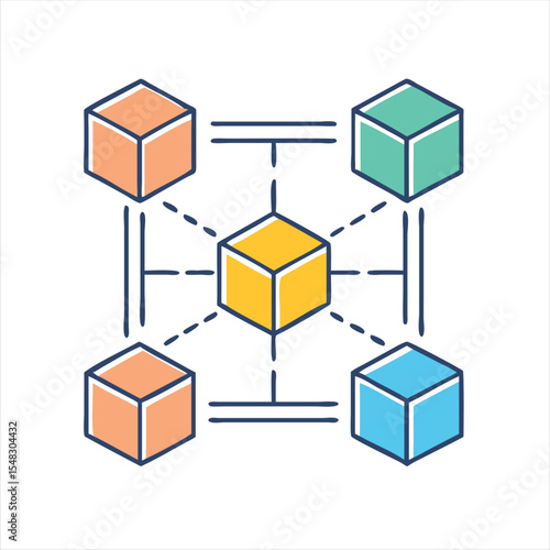 Interconnected Network of Colorful Cubes Representing Blockchain or Distributed Technology