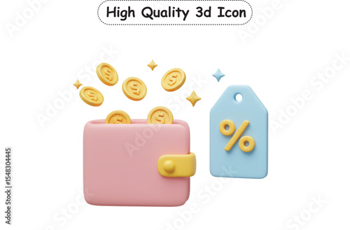 3D wallet with gold coins and a discount tag. This icon is ideal for finance apps, e-commerce, cashback offers, loyalty programs, online shopping, and concepts of saving money.

