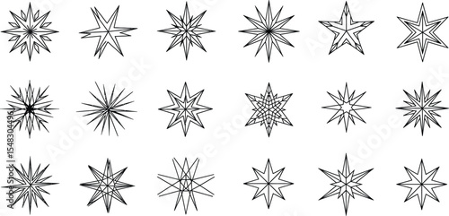 Diverse Star Set Varied Line Art Stars for Creative Designs and Projects