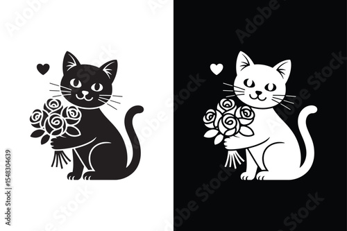 A cute cat holding a bouquet of roses icon vector style  with white background.