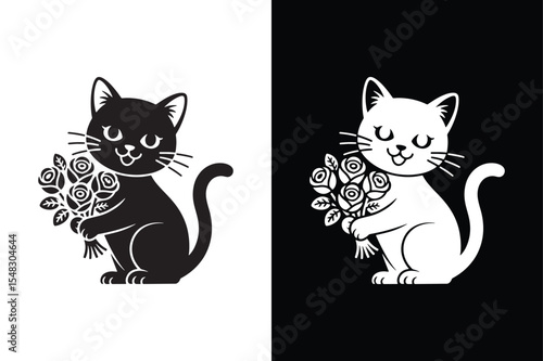 A cute cat holding a bouquet of roses icon vector style  with white background.