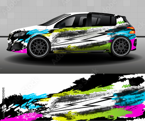 Cargo van wrap designs. Graphic abstract white, light green, pink and blue grunge stripes and black halftones on white background for car, rally, racing car. Camouflage design for vinyl car wraps.