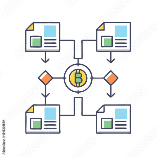 Blockchain network system visualized with bitcoin symbol at the center of the diagram