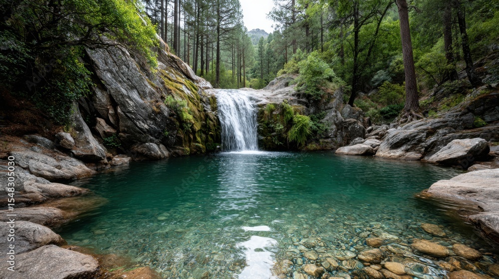 Naklejka premium A serene waterfall cascades into a crystal-clear pool, surrounded by vibrant green trees and smooth rocks. Sunlight filters through the foliage, creating a peaceful atmosphere in the forest.