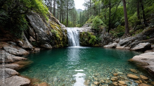 A serene waterfall cascades into a crystal-clear pool, surrounded by vibrant green trees and smooth rocks. Sunlight filters through the foliage, creating a peaceful atmosphere in the forest.