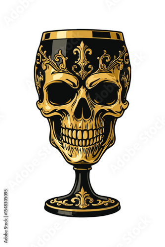 Baroque-style goblet with golden skull design, gothic illustration on white background, Halloween or dark fantasy concept